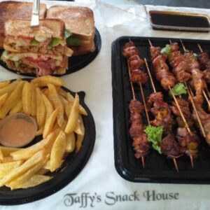 Loaded Pulled BBQ, Chicken, Bacon & Cheese Club Sandwich with Fries and Chicken Satay