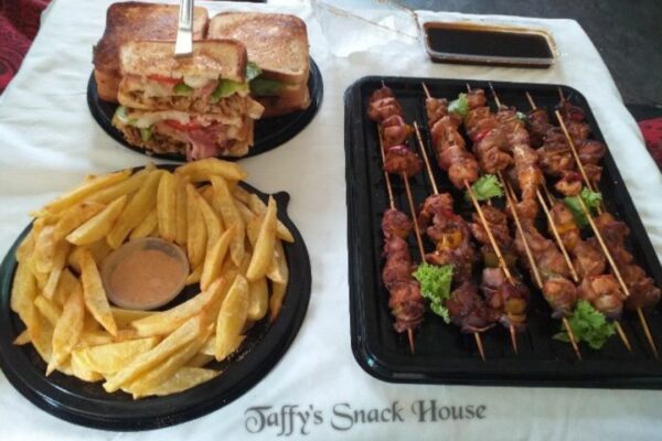 Loaded Pulled BBQ, Chicken, Bacon & Cheese Club Sandwich with Fries and Chicken Satay